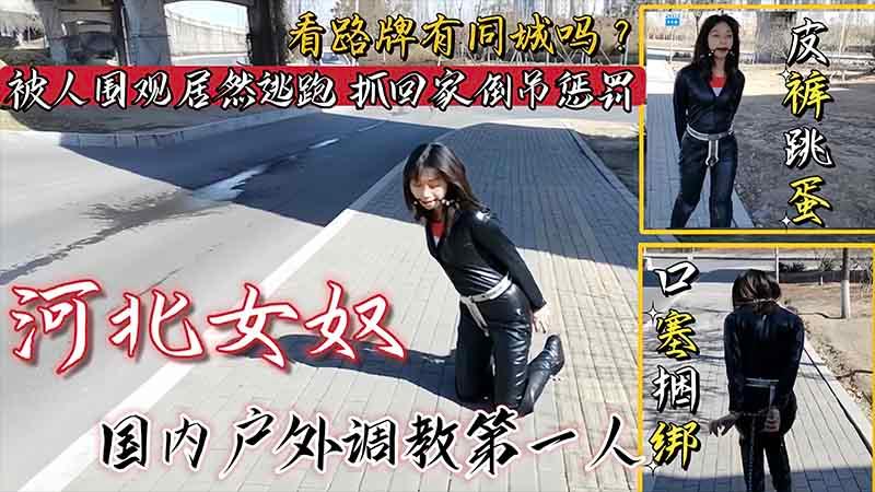 【国产调教】女奴皮裤跳蛋口塞捆绑户外调教_看路牌有同城的吗？被人围观居然不听指挥害羞逃跑抓回家里直接倒吊惩罚强制高潮